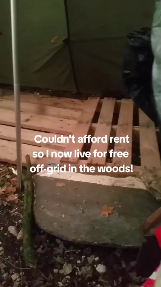 Photo of a makeshift wooden platform inside a tent in the woods, with text overlay reading, "Couldn't afford rent so I now live for free off-grid in the woods!"