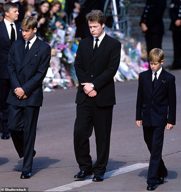 Earl of Spencer (centre) 'raised hell' to try and stop Harry taking part in the procession - the prince claimed in his autobiography