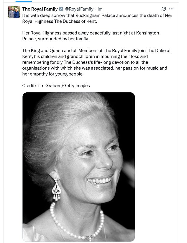 Her death was announced by the Royal Family at midday