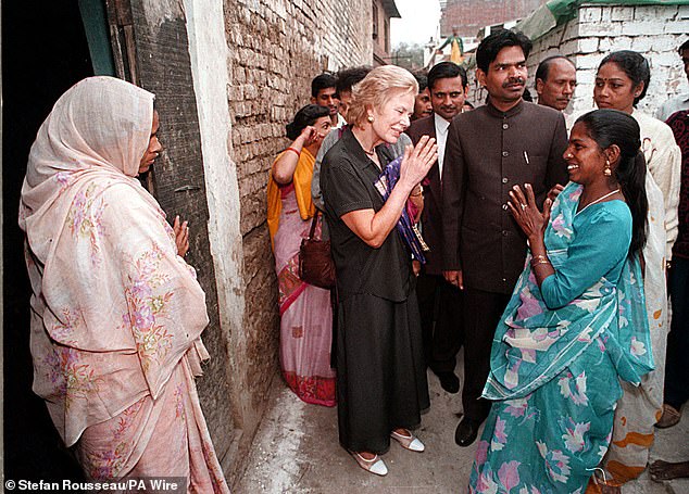 The Duchess of Kent being greeted by a well-wisher in Varanasi, in northern India during her visit to mark the 50th anniversary of UNICEF, in 1996