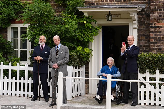 Katharine was spotted last October with her devoted husband, the Duke of Kent, by her side as he was serenaded by a piper for his 89th birthday. They were joined by their son Lord Nicholas Windsor (right) and the duke’s younger brother Prince Michael of Kent, 83 (left)