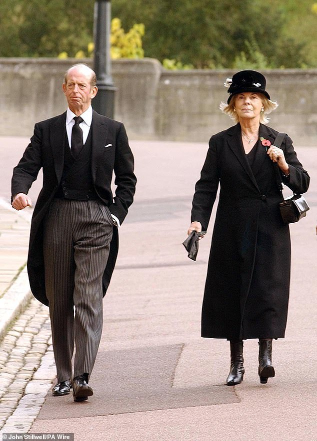 The Duke and Duchess of Kent arriving at the Galilee Porch entrance of St George's Chapel in Windsor Castle, for the funeral of the Queen Elizabeth II 's aunt Princess Alice, Duchess of Gloucester in 2004