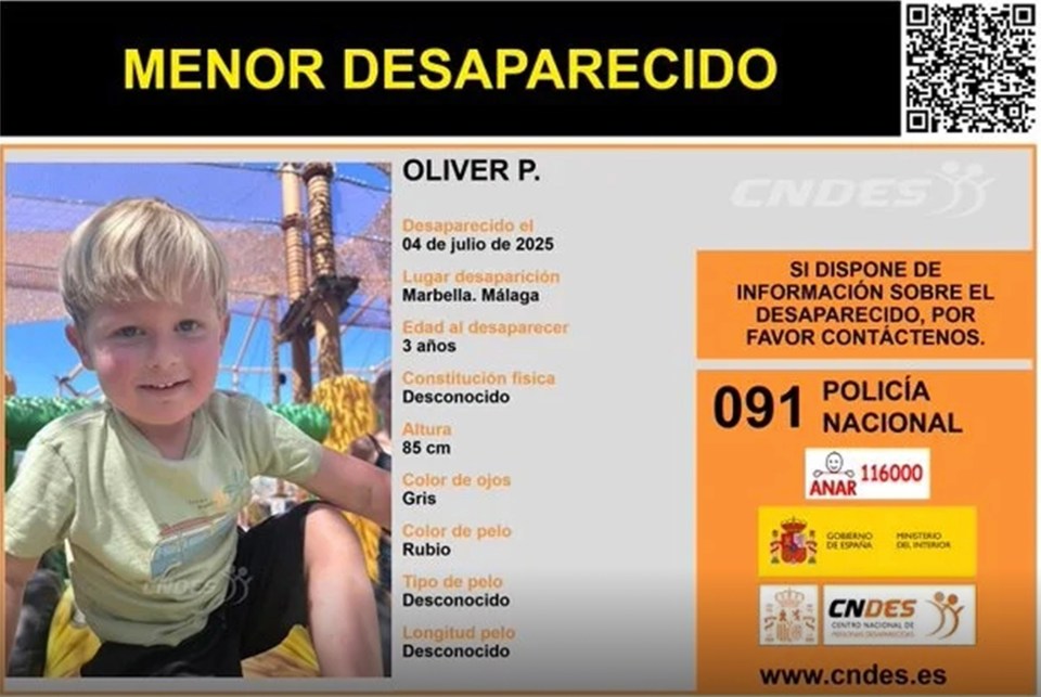 Missing child poster: Photo of 3-year-old Oliver P., last seen in Marbella, Spain.  Contact Spanish authorities if you have information.