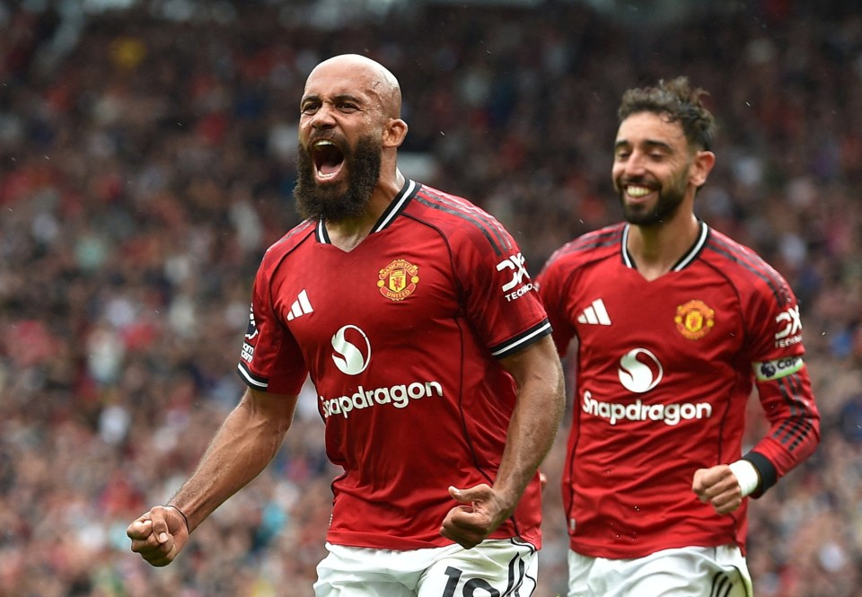 Manchester United players celebrating a goal.
