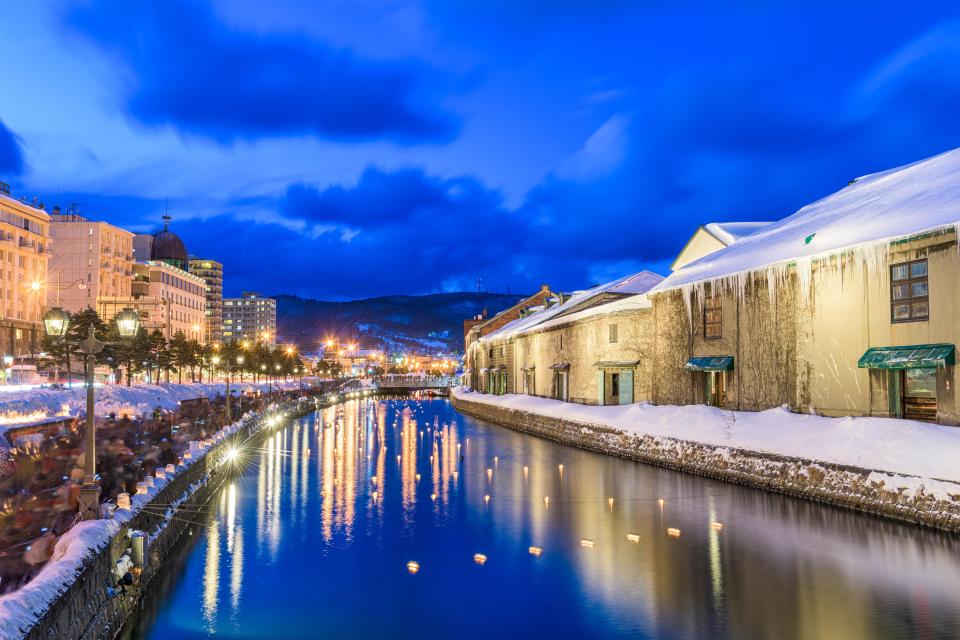 Otaru Canal in Japan at night, illuminated during winter.
