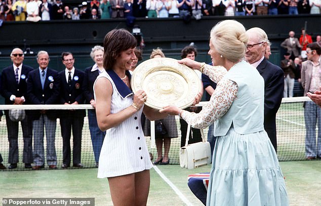 The Duchess of Kent presents the 1978 Wimbledon Ladies Singles trophy to Martina Navratilova. The Duke and Duchess were Wimbledon fixtures for many years