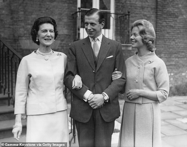 Princess Marina of Greece and Denmark pictured with her son Prince Edward after his engagement to Katharine Kent was announced
