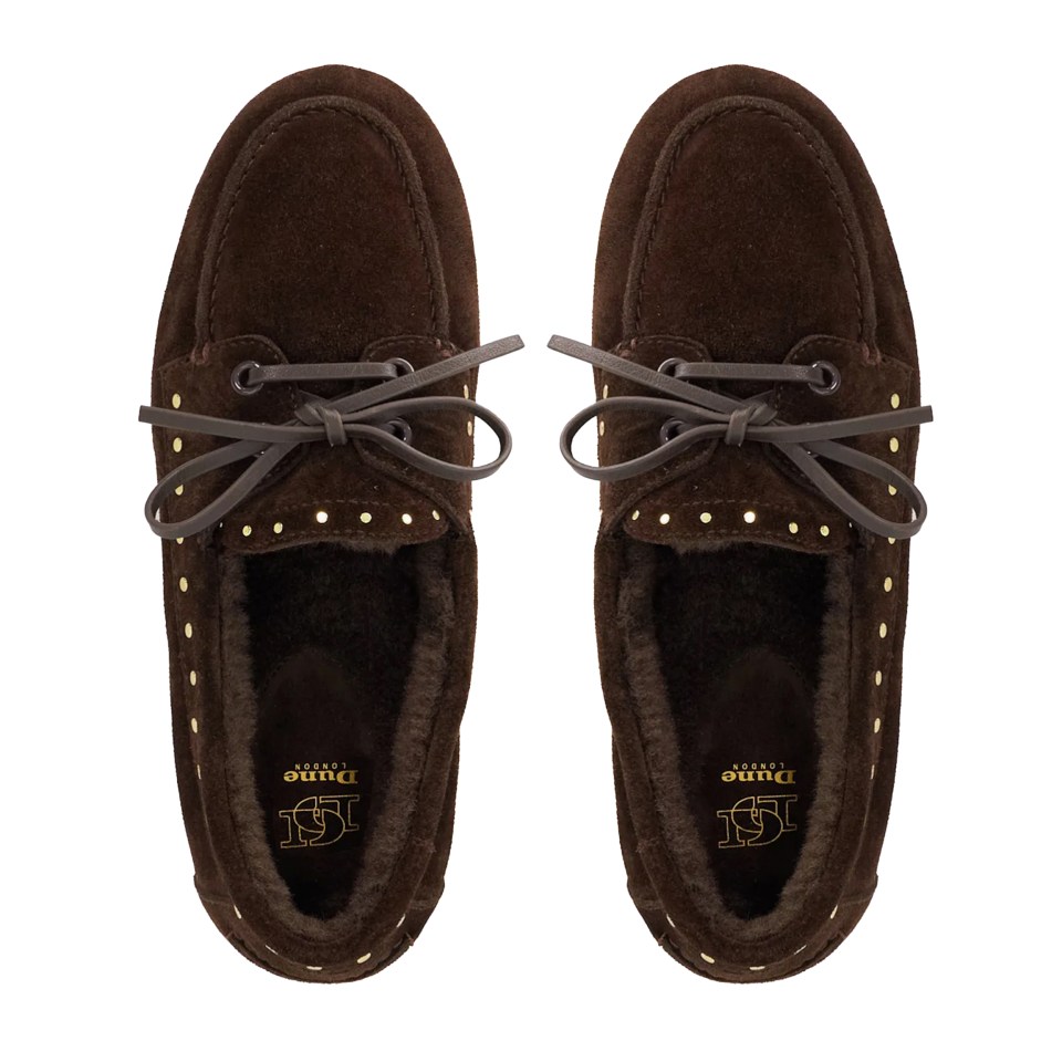 Pair of brown suede Dune London loafers with gold studs.