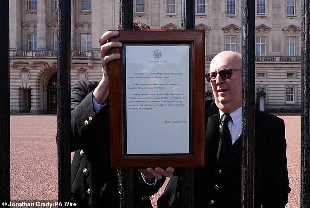 A notice is placed on the gates of Buckingham Palace in London announcing the death of the Duchess of Kent today