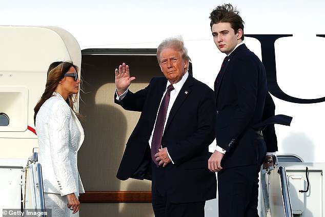 Barron, the only child of Trump and First Lady Melania Trump, has not attended an official White House event or appeared alongside his father Donald Trump in months (pictured together on January 18)