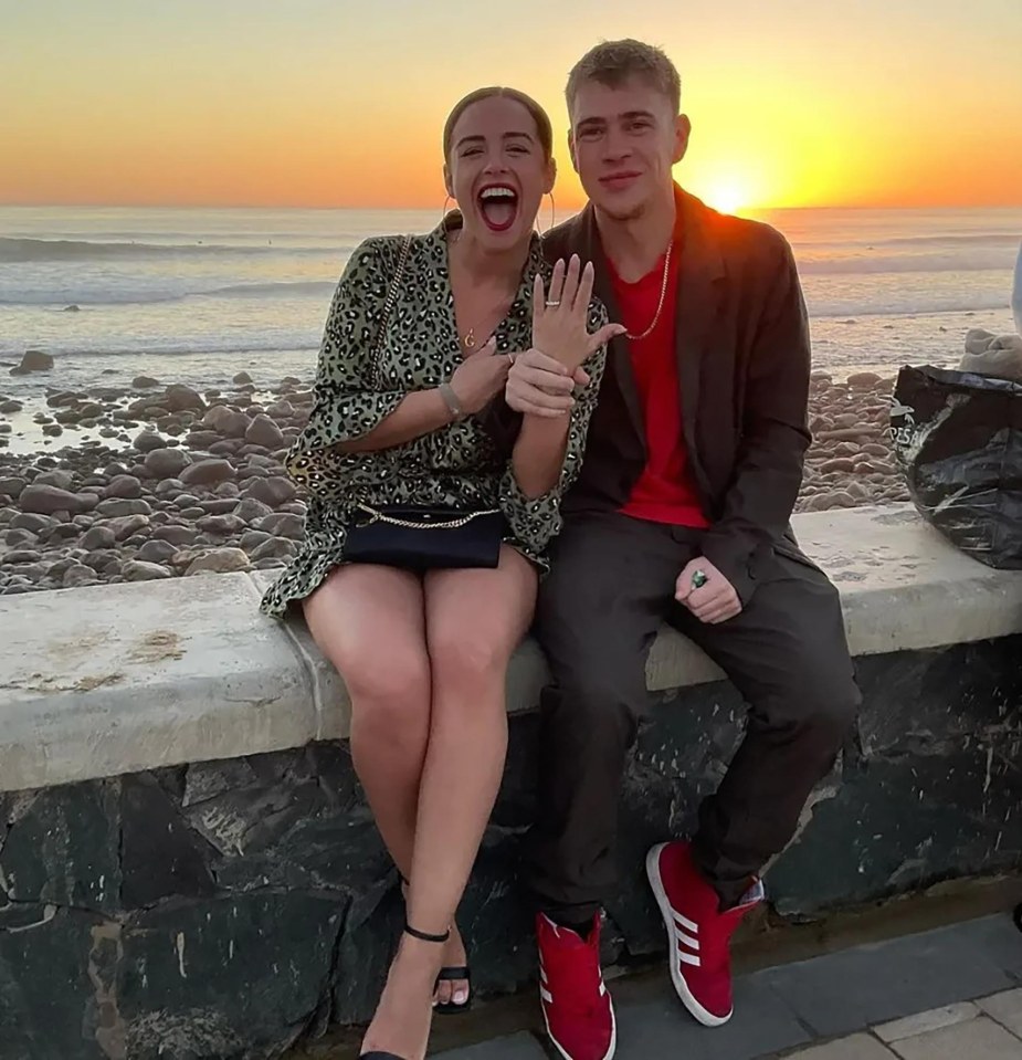 Georgia May Foote and Kris Evans at sunset, showing off her engagement ring.
