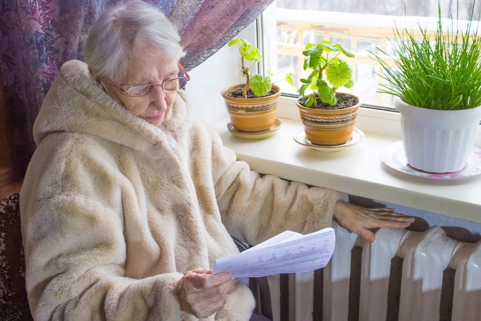 Senior woman reviewing a gas bill while sitting near a radiator.