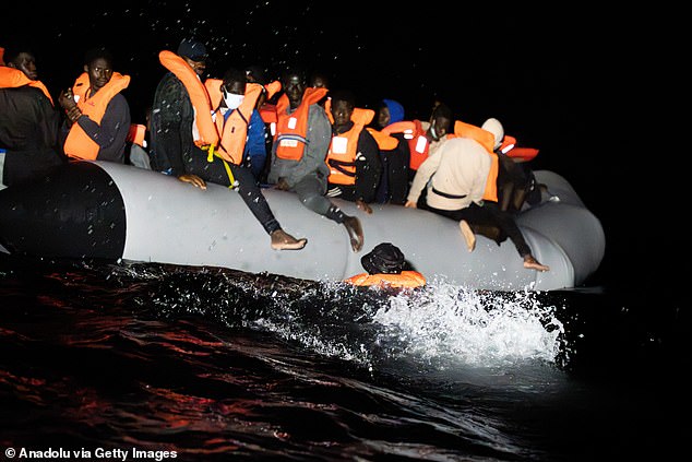 The Home Office refused to answer the simplest of questions: we asked how many houses in multi-occupation (HMOs), like those in Skegness, are being given by the Government to migrants who have been moved from hotels or have recently arrived on our shores. Pictured: A rubber boat carrying 54 migrants