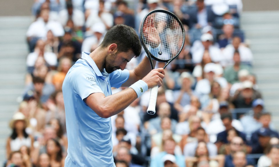 Novak Djokovic gesturing during a tennis match.