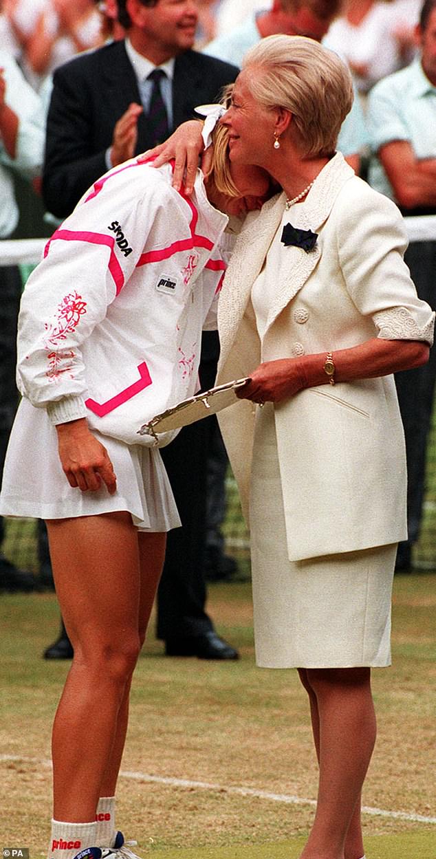 The duchess had not been a working royal since 2002, after she sought permission from Queen Elizabeth to withdraw from public life following a string of tragedies. She also famously comforted Czech tennis player Jana Navotna (pictured) after she lost the ladies¿ singles final at Wimbledon in 1993