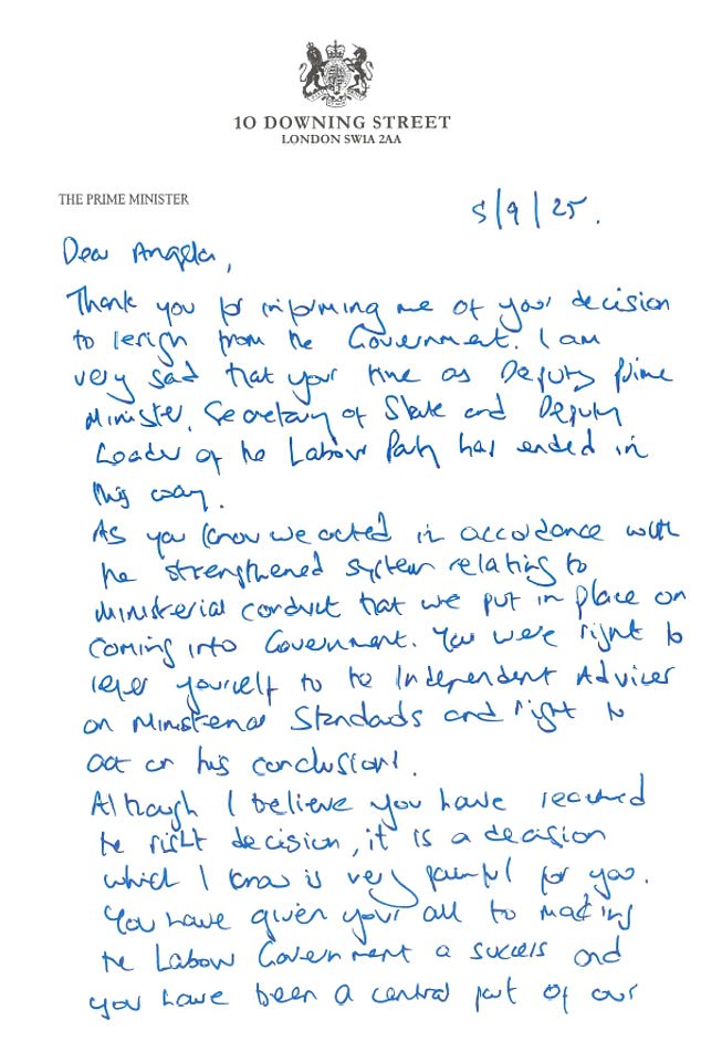 In a handwritten letter, Sir Keir hailed her as the ¿living embodiment of social mobility¿ and told her he was ¿very sad to be losing you¿