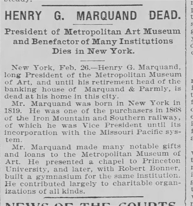 Offscreen his three-times-great-grandfather, Henry G Marquand, a banker involved in major railroad interests (1902 death notice pictured)