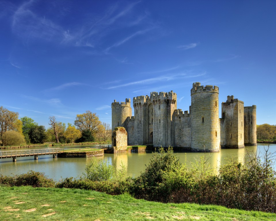 Bodiam Castle surrounded by a moat.