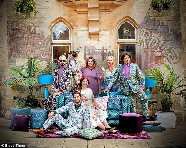 Laurence has signed two thirds of his Cotswolds manor house to his sons-in-law (back row) Dan and Cecile with their son Albion, and Jackie and Laurence, (front row) Drew and Hermione