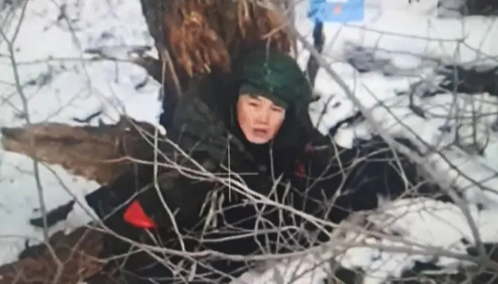 A North Korean soldier captured on a Ukrainian drone.