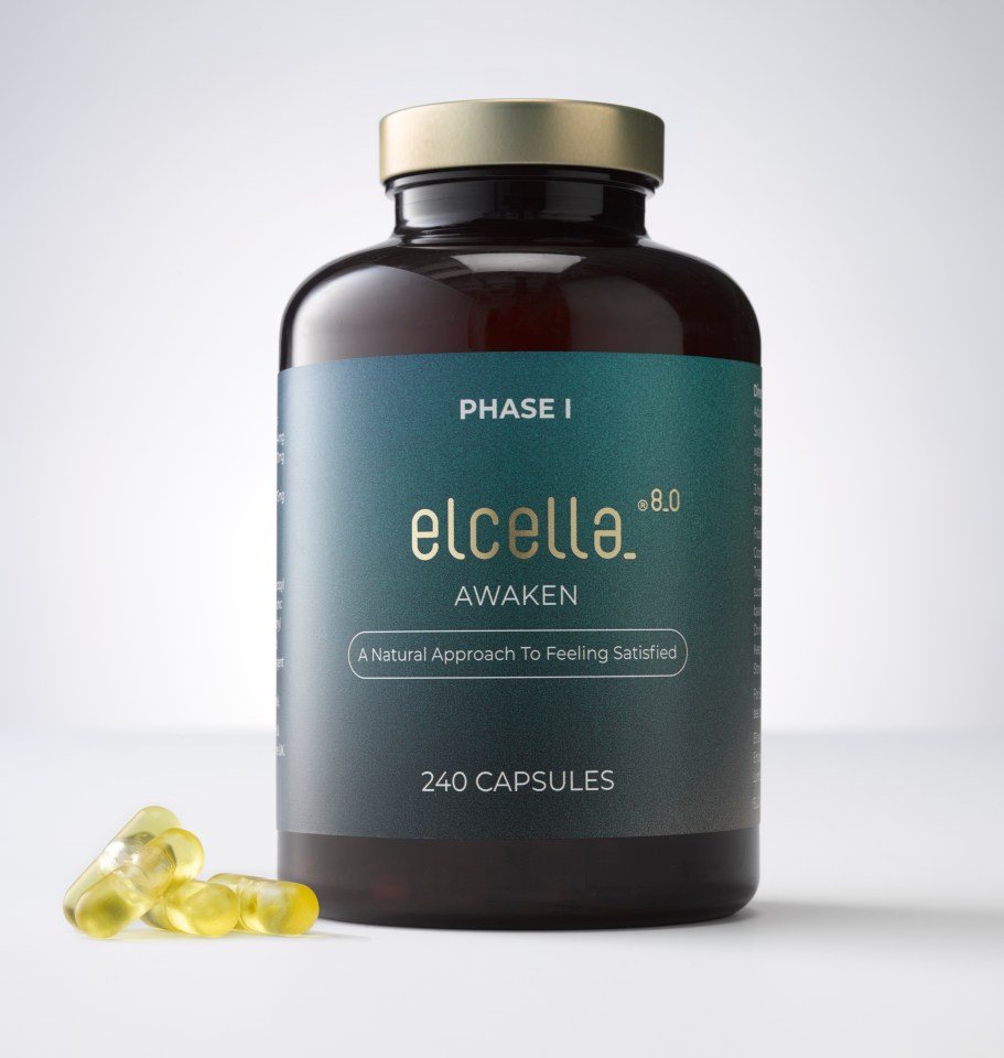 Elcella Awaken capsules bottle and pills.