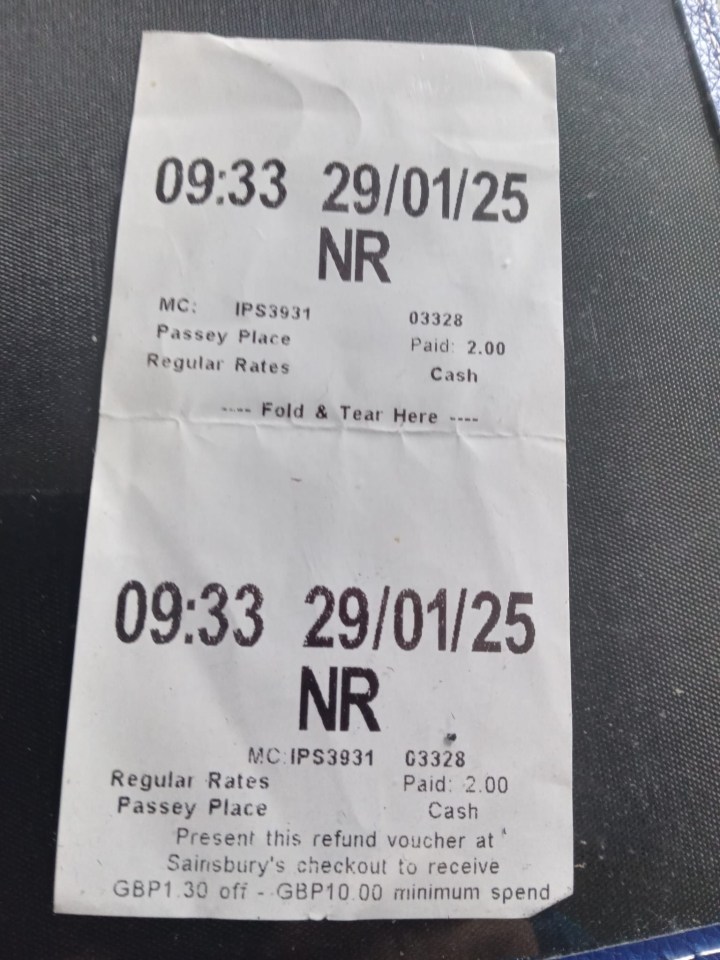Parking ticket showing payment of £2.00 in cash at Passey Place.