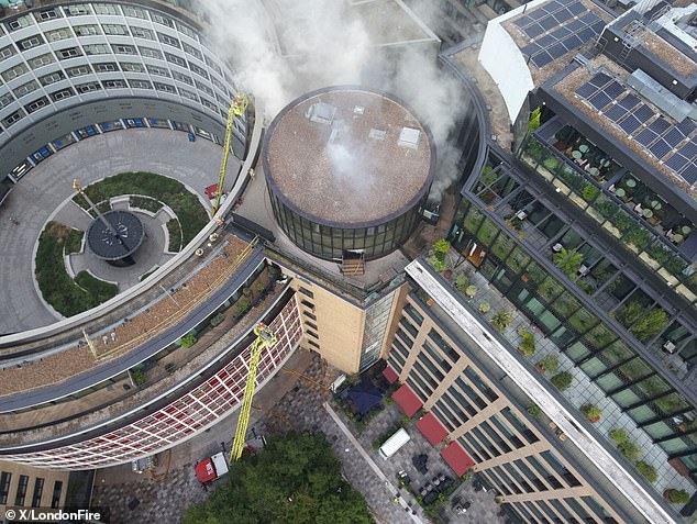 The fire is affecting floors towards the top of the building, which include a restaurant and an area of external decking and ducting, television studios, and an unknown number of flats