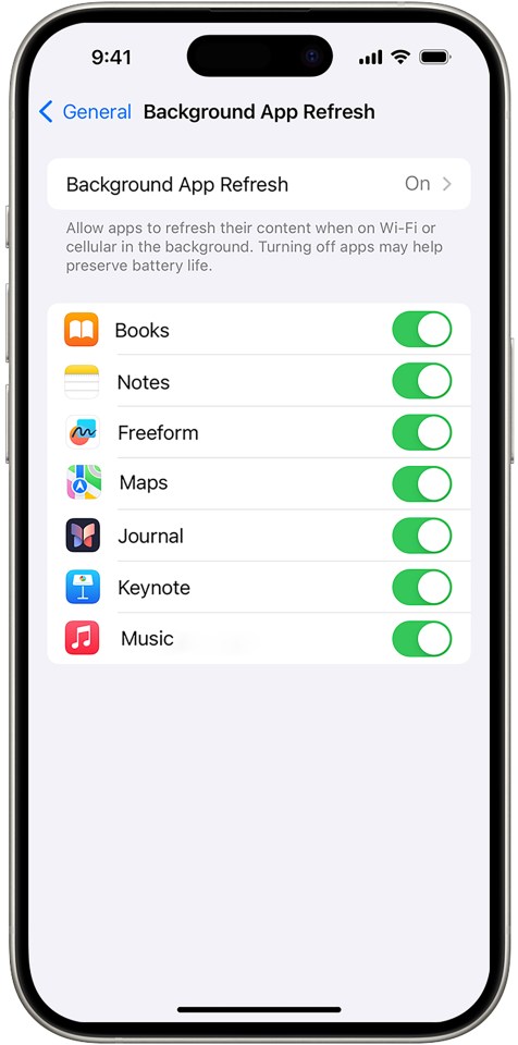 iPhone screen showing background app refresh settings.