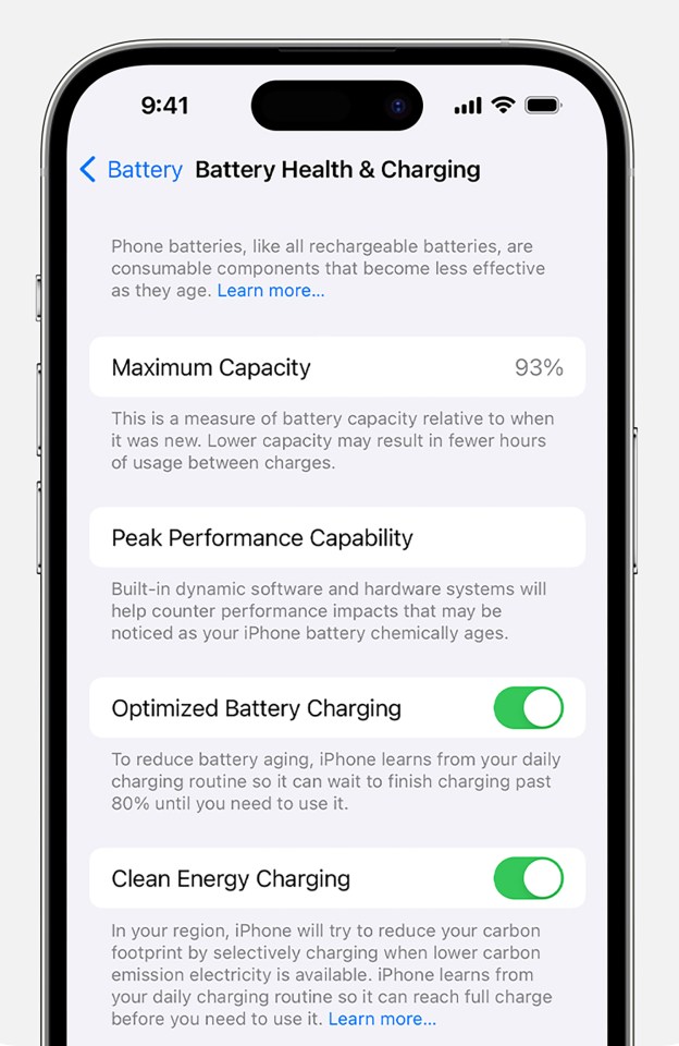 iPhone battery health and charging information.