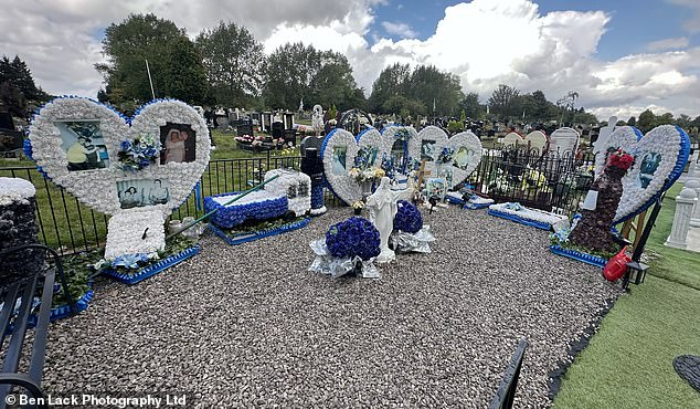 Younger brother Terry's grave, directly across from his siblings' ornate monument, is similarly extravagant - surrounded by iron railings and featuring giant floral hearts, a biblical carving and a life-sized cut-out of Terry, fondly known as 'The Toucher'