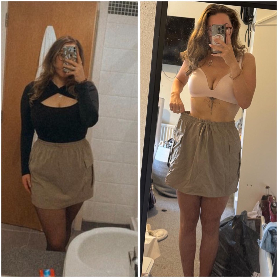 Before and after photos showing a woman's weight loss.