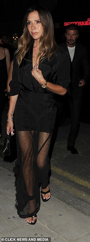 Meanwhile, his mother Victoria, 51, cut a chic figure in a black sheer floor length frock