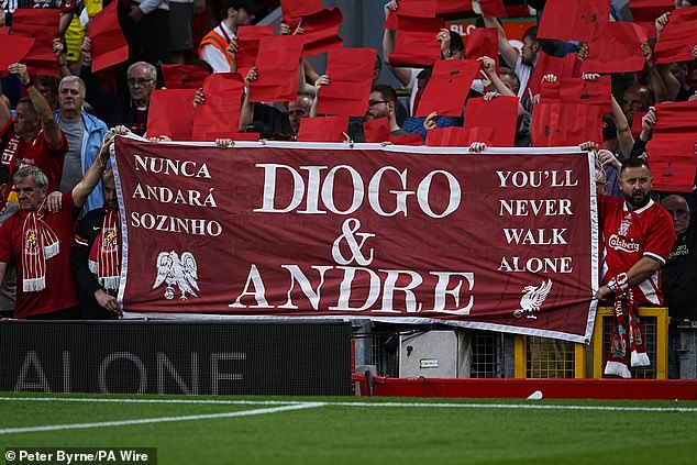 A banner reading 'Diogo and Andre, You'll Never Walk Alone' was held at Anfield on August 15