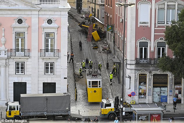 Operator Carris's personnel inspect the wrecked Gloria funicular on September 4, 2025