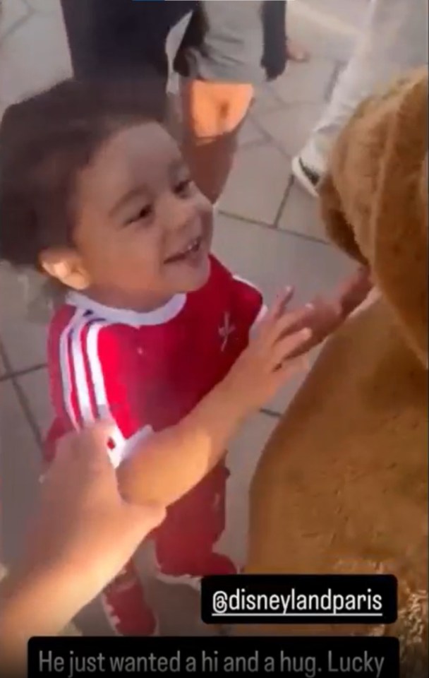 Toddler reaching for a Disneyland Paris mascot.