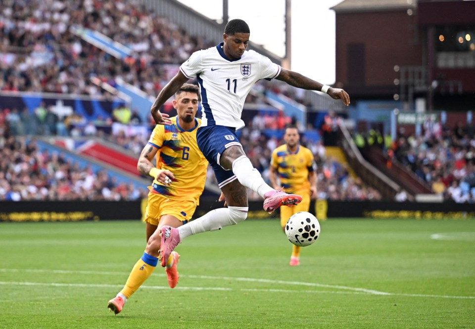 Marcus Rashford of England in action during a soccer match.