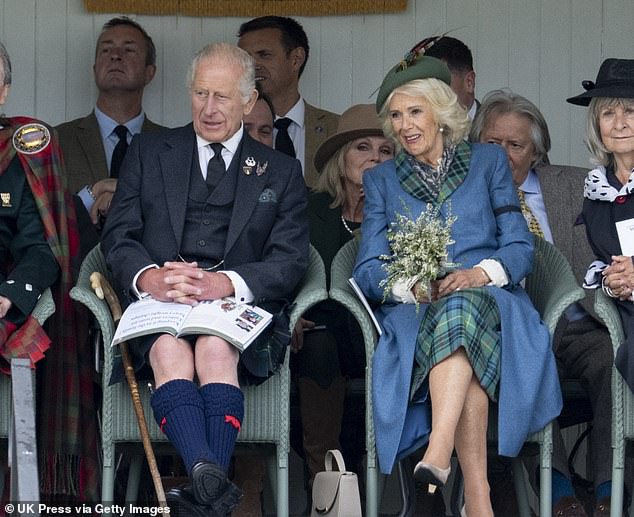 Queen Camilla and King Charles III during the Braemar Royal Highland Gathering at The Princess Royal and Duke of Fife Memorial Park on September 6, 2025 in Braemar, Scotland