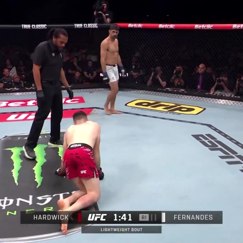 UFC lightweight bout: a fighter kneeling in the octagon after being knocked down.