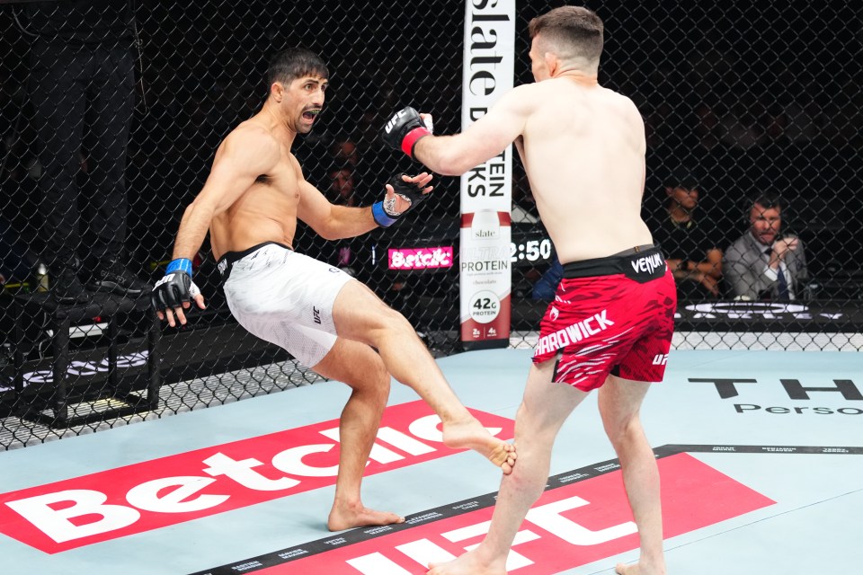 Kaue Fernandes of Brazil kicking Harry Hardwick of England during a UFC fight.