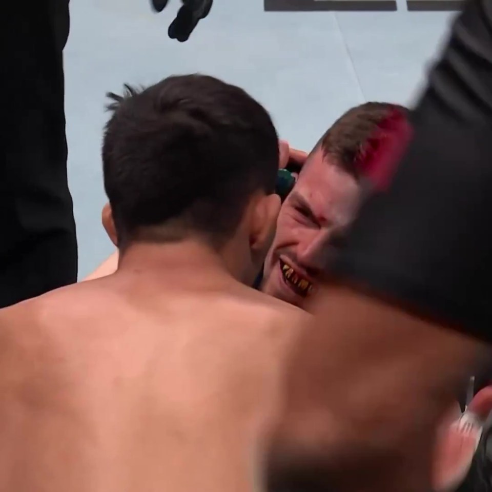 Injured UFC fighter being helped from the ring.