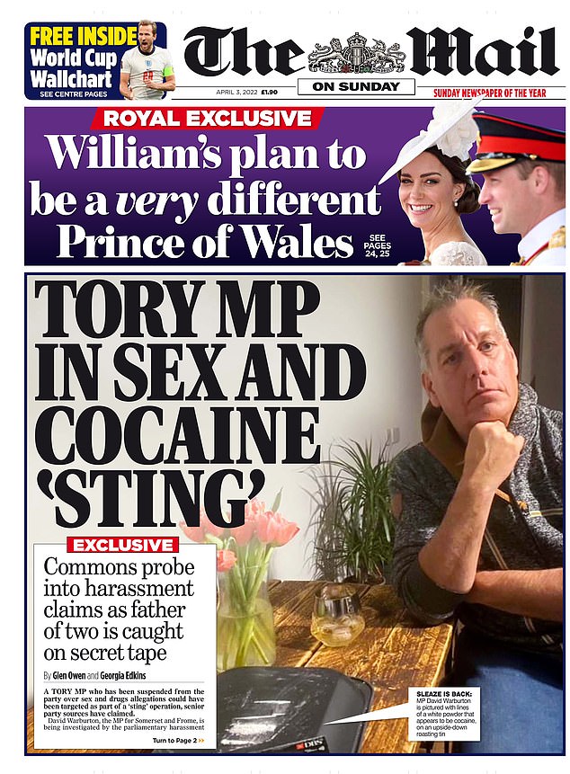 The Mail On Sunday's front page covering the allegations - with Warburton later admitting to a reporter that he had taken cocaine