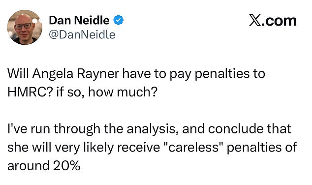 Tax expert and campaigner Dan Neidle has suggested she could also be hit with a 20 per cent penalty for 'carelessness' over her tax arrangements