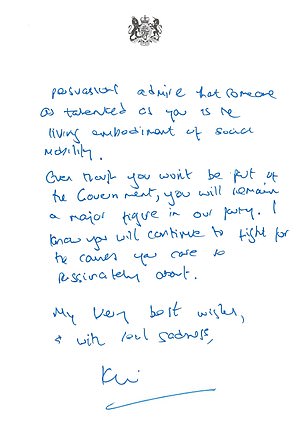 The final page of the letter reads 'Even though you won't be part of the Government, you will remain a major figure in our party'