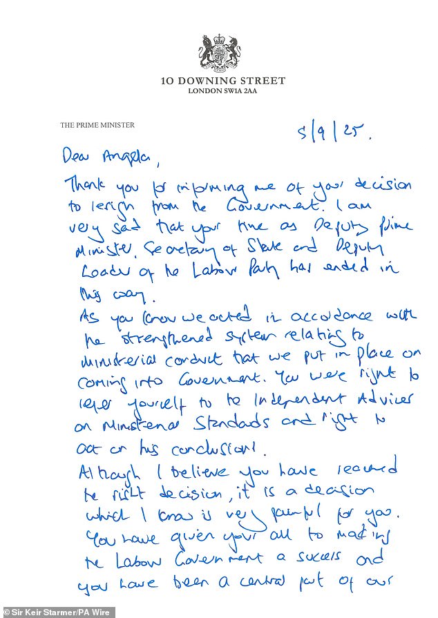 Sir Keir Starmer wrote Angela Rayner a farewell letter with his own fountain pen on Friday, as she resigned
