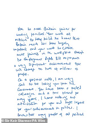 The second page of the letter, which includes the statement: 'On a personal note, I am very sad to be losing you from the Government'