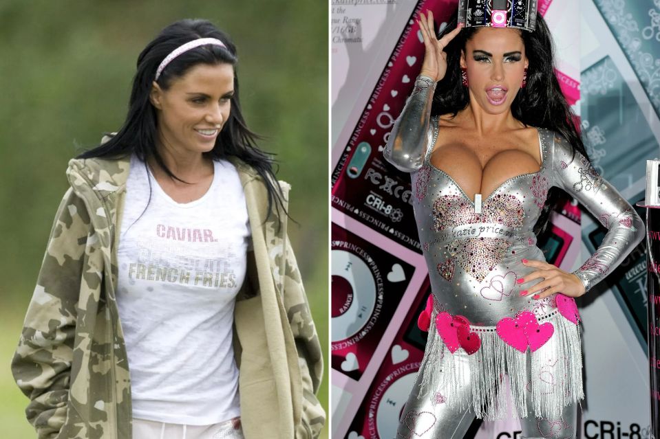 An image collage containing 2 images, Image 1 shows Katie Price and her dressage trainer, Image 2 shows Katie Price at the launch of her Boutique iPod range, wearing a silver jumpsuit and iPod crown