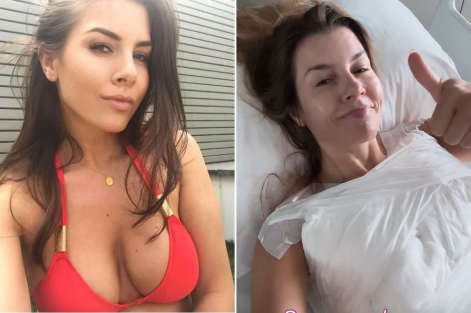 An image collage containing 2 images, Image 1 shows Imogen Thomas in a red bikini, Image 2 shows Woman in hospital bed giving thumbs up after breast reduction surgery