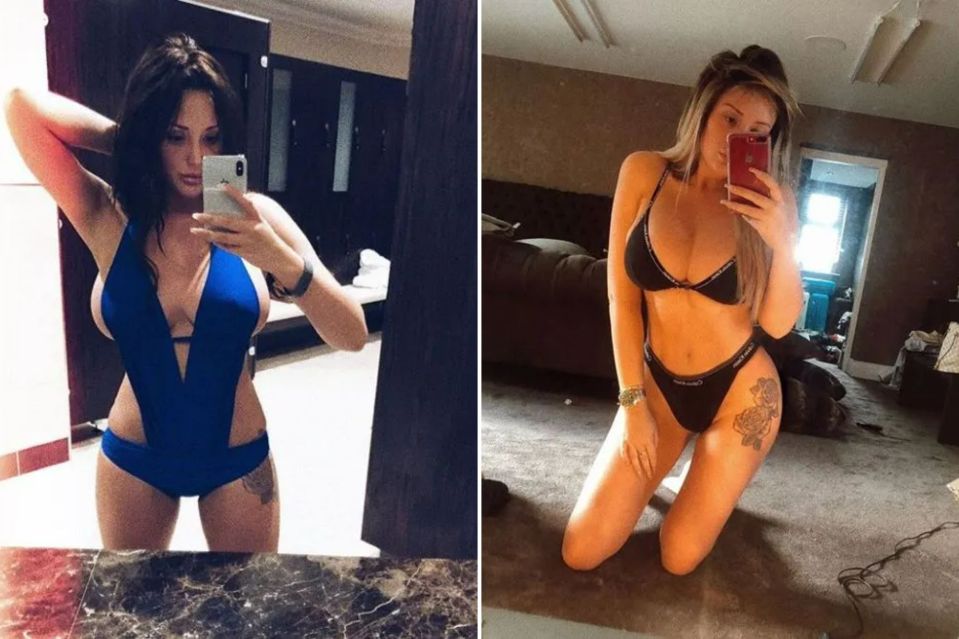An image collage containing 2 images, Image 1 shows Selfie of Charlotte Crosby in a blue swimsuit, Image 2 shows Selfie of Charlotte Crosby in black lingerie
