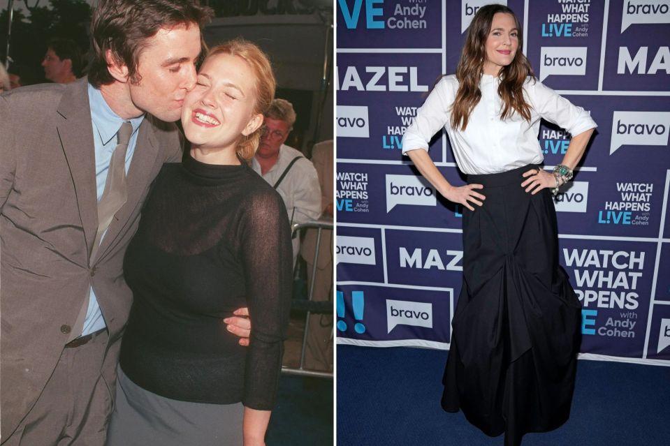 An image collage containing 2 images, Image 1 shows Luke Wilson kissing Drew Barrymore on the cheek at a premiere, Image 2 shows Drew Barrymore at Watch What Happens Live with Andy Cohen