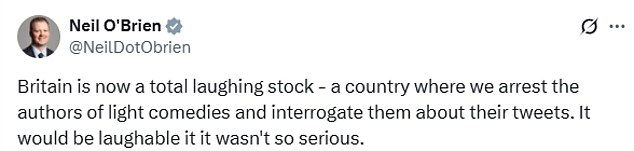 Meanwhile his arrest has prompted debate about whether Britain is a country where free speech is tolerated, in this case in a tweet on X by Conservative MP Neil O'Brien